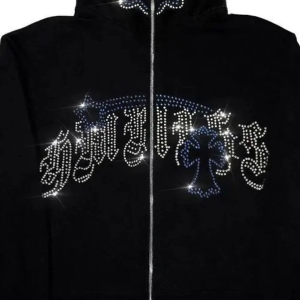 Europe and the United States cross-border Gothic letter rhinestone zipper Y2K trend cardigan casual hooded sweater cross-border