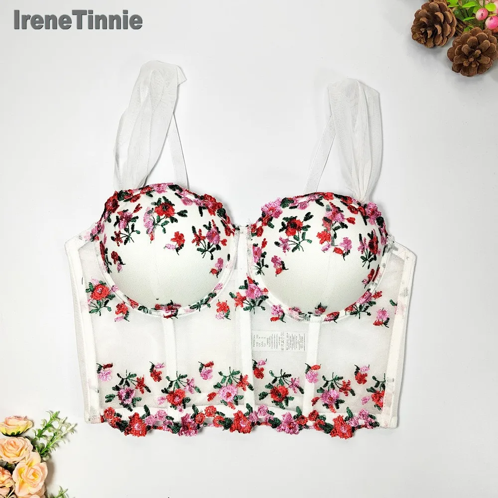 

IRENE TINNIE Hot Girl Sexy Vintage Mesh Camisole Women Outer Wear Design Embroidery Flowers Colorful Short Sleeveless Vest Top