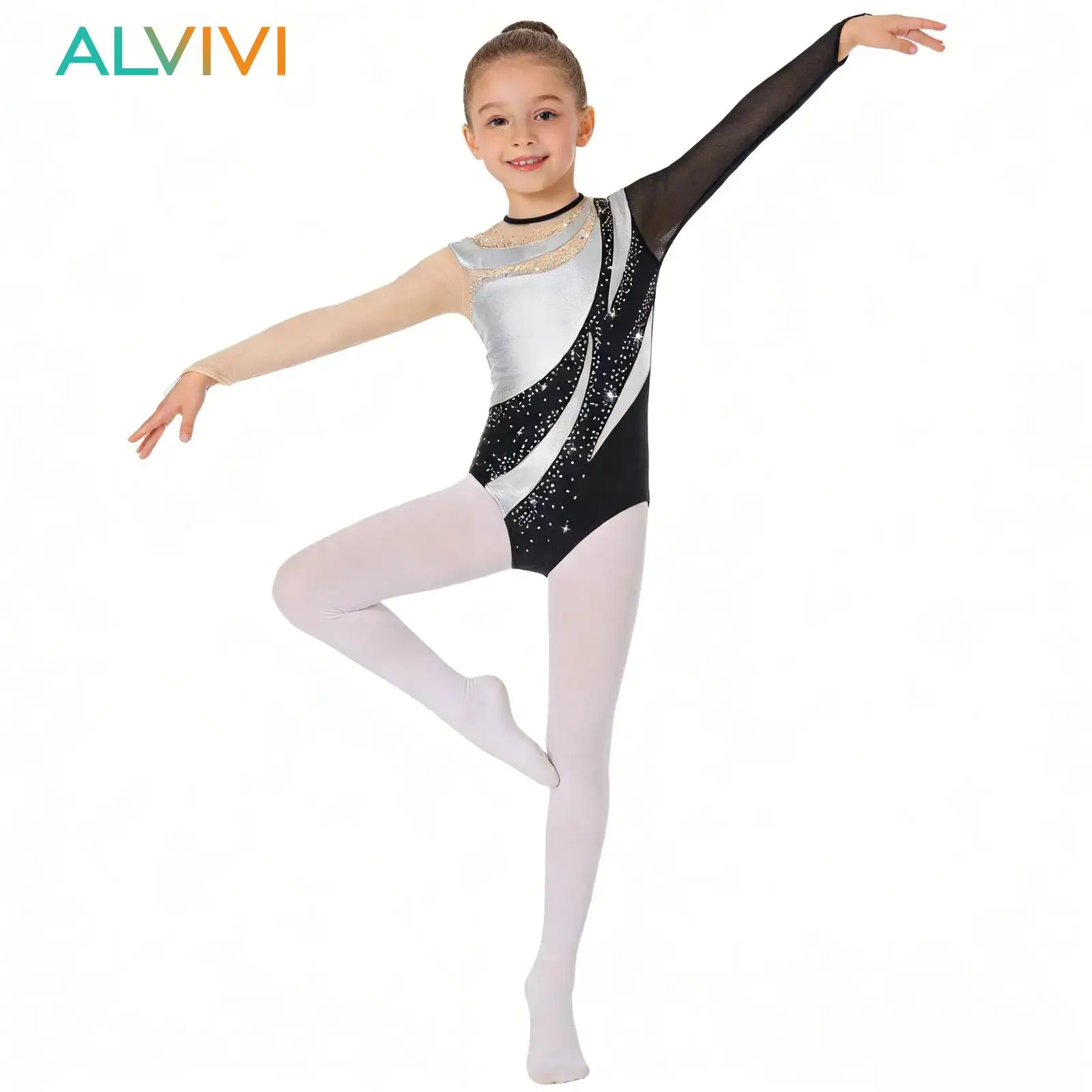 

Kids Girls Gymnastics Leotards Ballet Jersey Biketard Bodysuit Bronzing Mesh Shiny Jumpsuit Artistic Skating Dance Costume