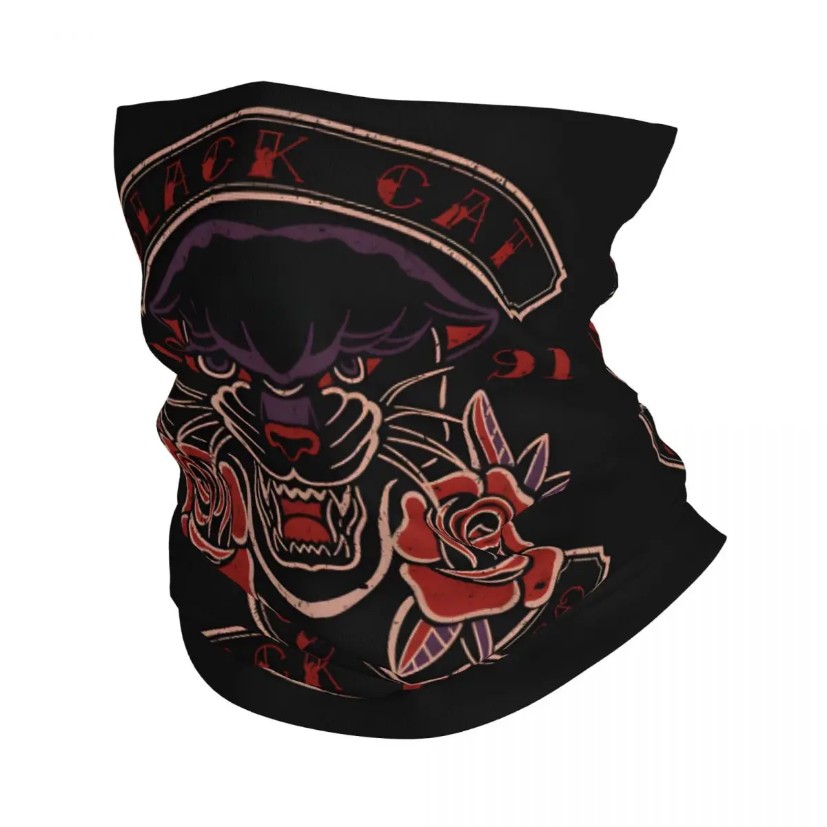 Black Cat Tattoo Studio, Black Panther & Roses Old School Tattoo Scarf Neckerchief Neck Face Mask Polyester