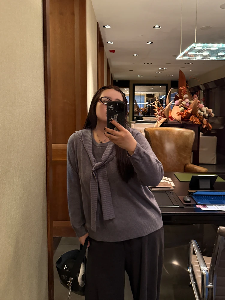 

Свободный полосатый топ с имитацией двойки, эластичный, мягкий, больших размеров, женский, повседневный, с длинным рукавом, V-образный вырез, осень-зима