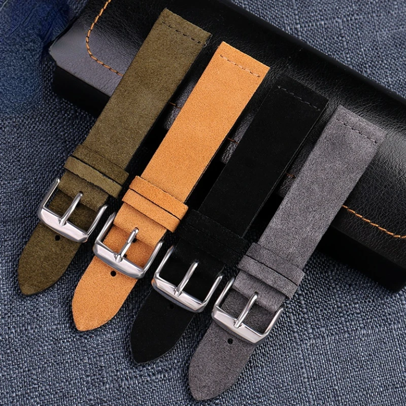 Suede Cowhide Strap For any brand 16 18 20 22mm Genuine leather Watch band Vintage Wrist band Light brown gray green Accessories