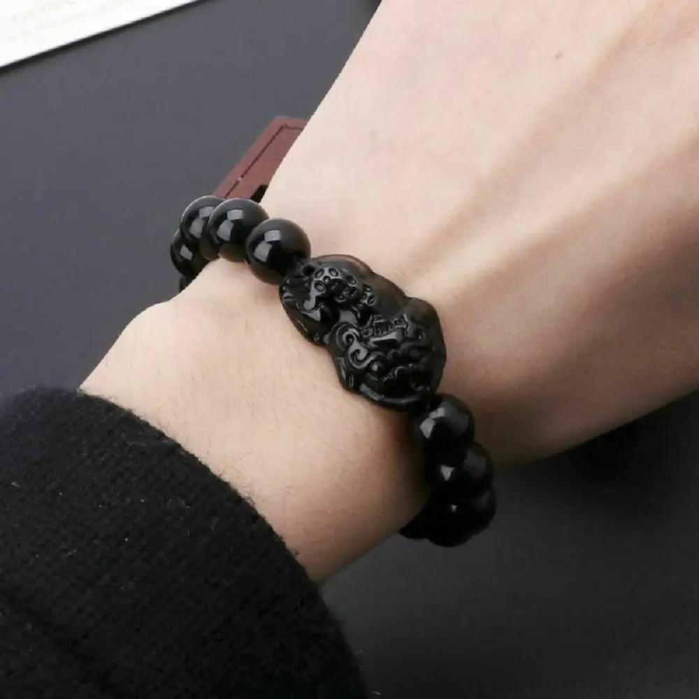 Fashion Unisex Feng Shui Women Pixiu Attract Wealth Good Luck Bangle Wristband Obsidian Stone Beads Bracelets