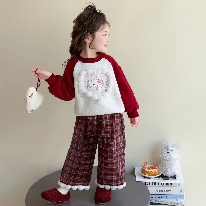 

Kawaii Hello Kitty Sanrio Student Cute Cartoon Comfortable Warm Hoodie Children Fleece Sportswear Trousers Gift for Kids