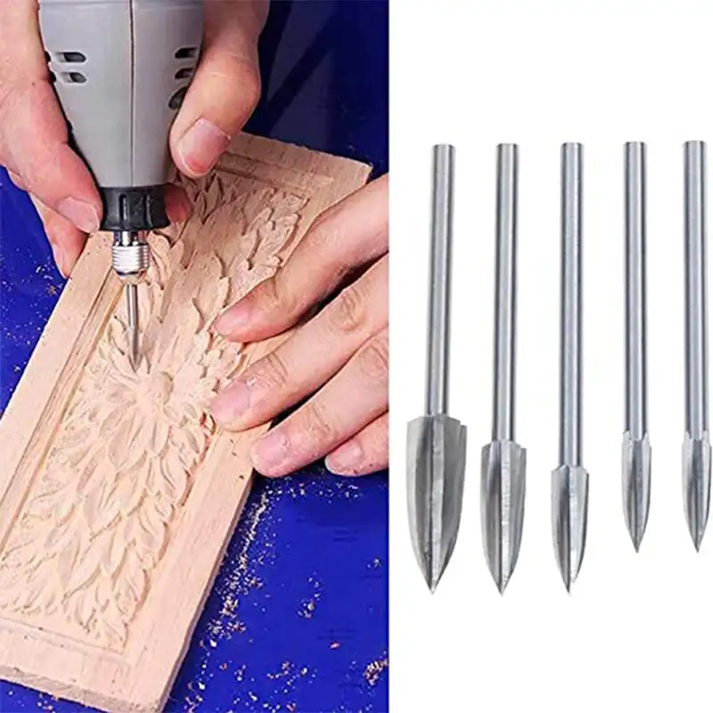 5PCS/Set Wood Carving Drill Bit HSS Engraving Drill Bit Set Solid Carbide Steel Root Milling Grinder Burr Precise Carve Woodwork