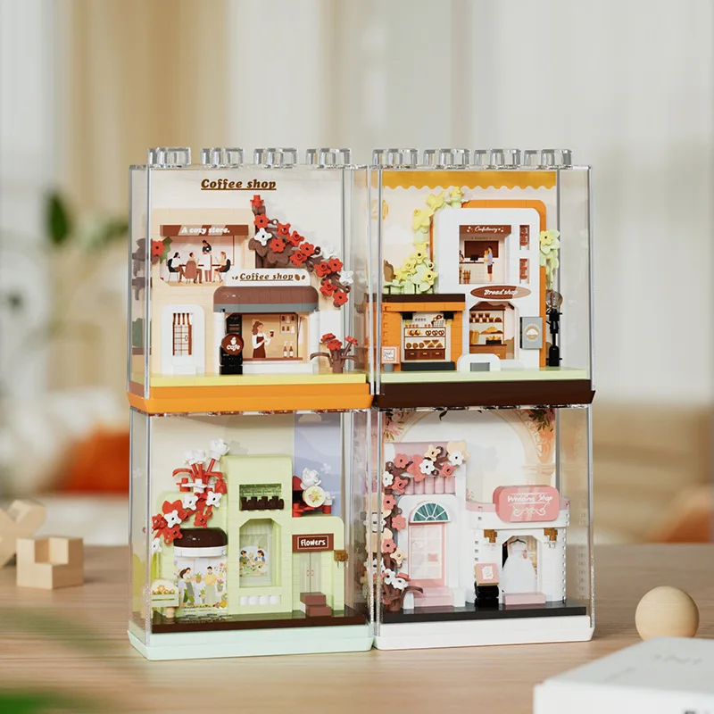 Diversão vista de rua loja blocos de construção loja de casamento café casinha castelo edifício vista de rua modelo brinquedo das crianças presentes