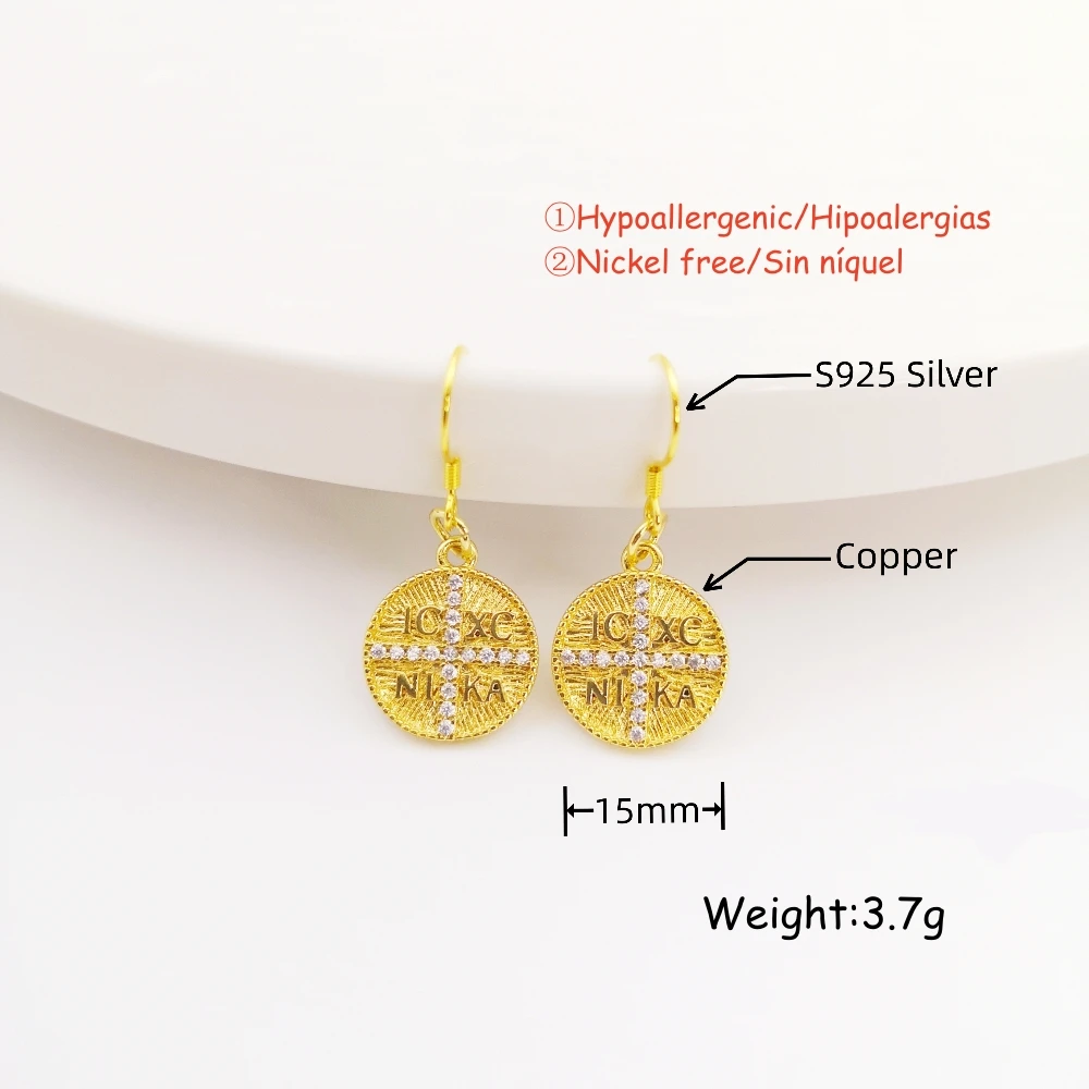 Gold Color Real S925 Sterling Silver St.Helen Constantine Huggies ICXC NIKA Cross Drop Earrings for Women Gift Dangle Earrings