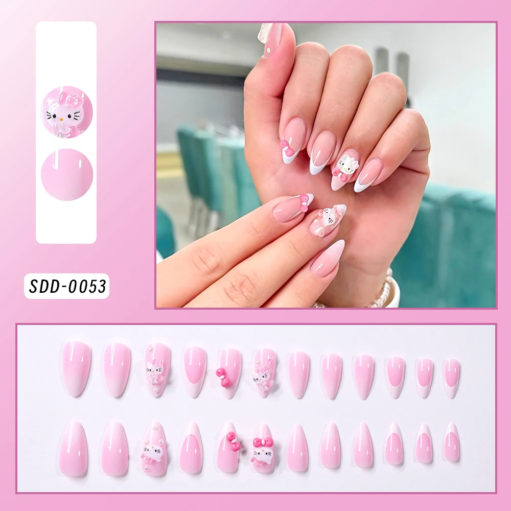 24 pezzi Kawaii Pink Kitty French unghie finte corte Mandorla Kitty stampa sulle unghie punta con fiocco in resina Kitty Y2k manicure indossabile per unghie
