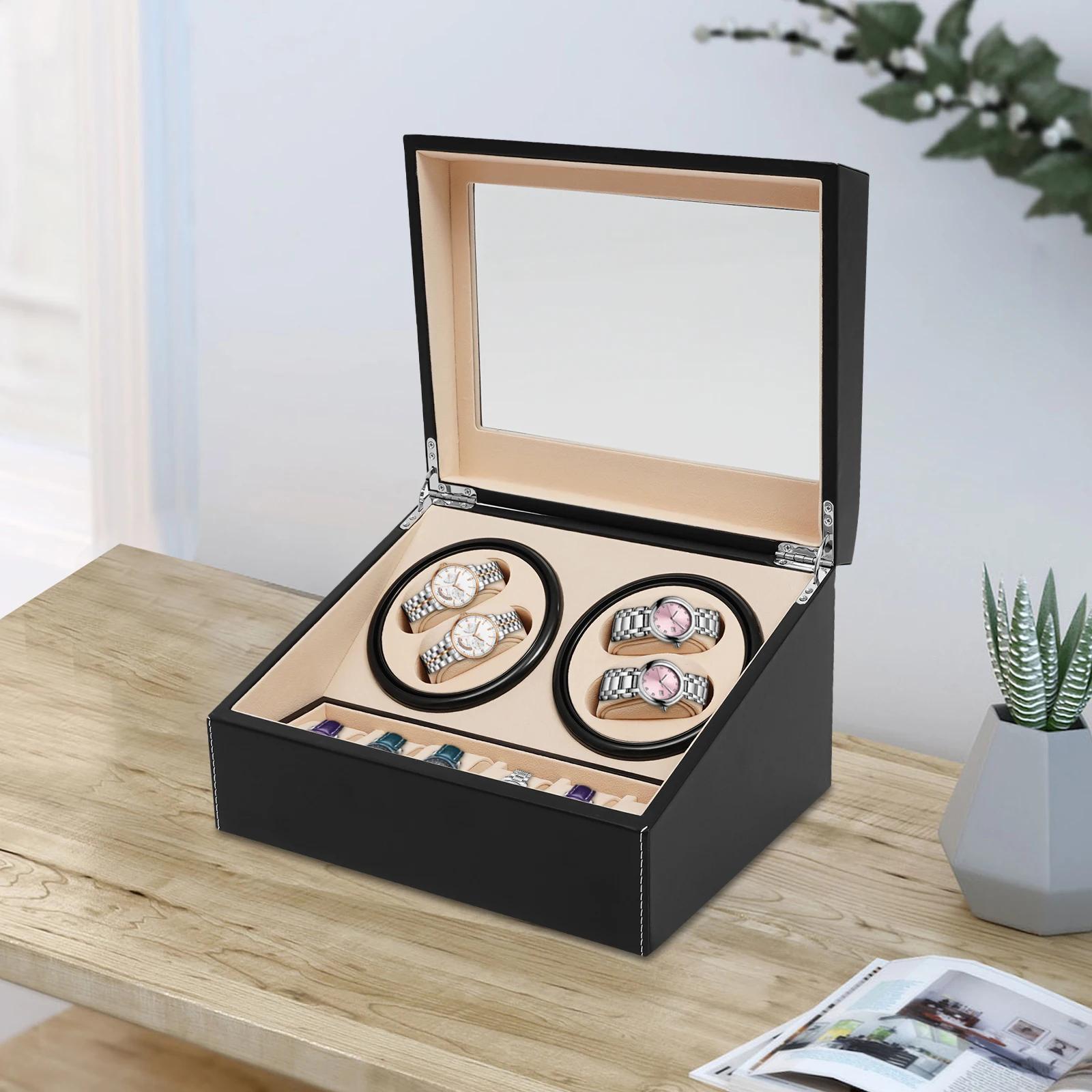 4 + 6 بني/أسود ملفاف ساعة دوران تلقائي تخزين جلدي ساعة عرض صندوق حامل لعرض المتجر ، ديكور المنزل #6