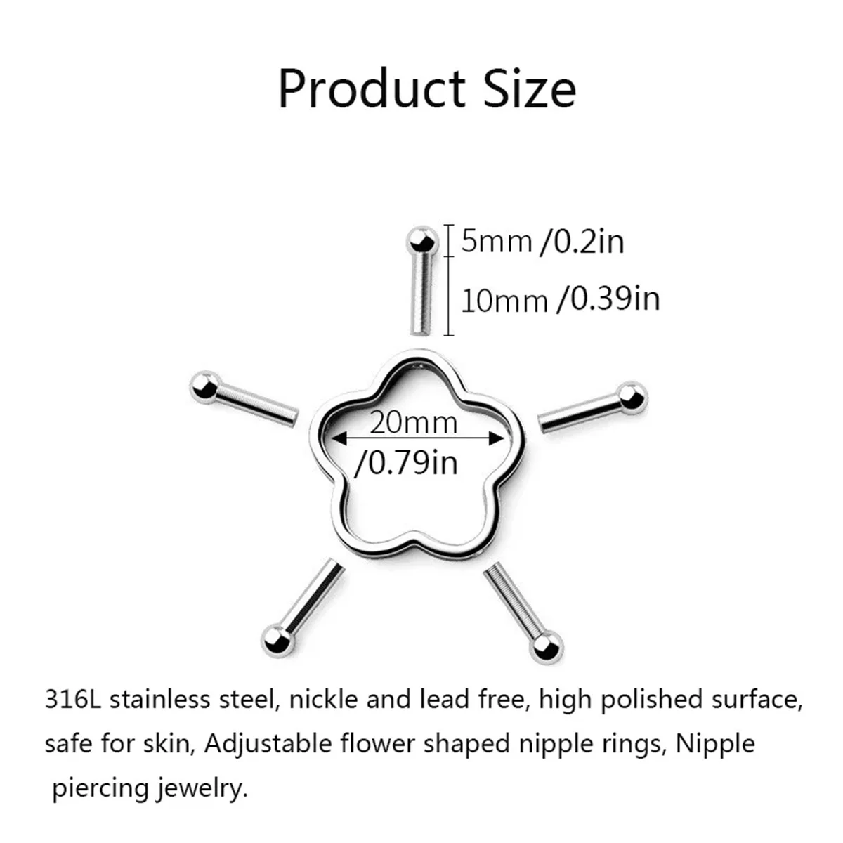 2Pcs 316L Stainless Steel Adjustable Nipple Rings for Women, Star Shaped Flower Shaped Clip On Nipple Ring Fake Piercing Jewelry