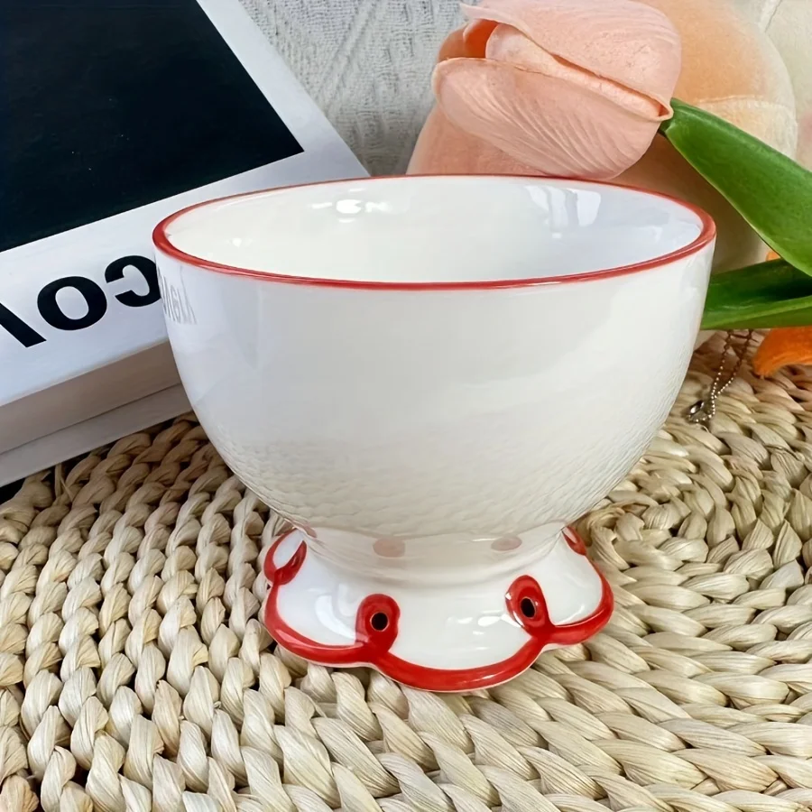 1 PC, creative and cute ceramic high legged bowl, shaped bowl, red border dessert bowl, ice cream bowl, sugar water bowl, baking