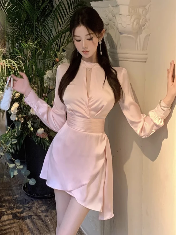 Ele Pink Long Sve round Ne Hollow out A-Line Dr Faionable Slimming White Enhancing Gentle Girl Pure Color Dr