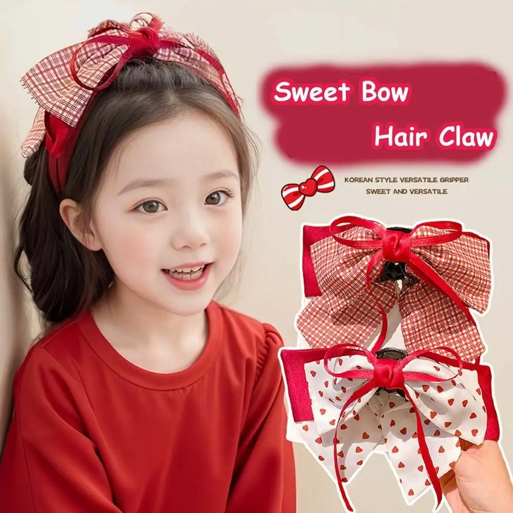 Temperament Korean Style Sweet Bow Hair Clip Bow Red Ponytail Buckle Clip Shark Clamp Plaid Princess Hair Claw Female