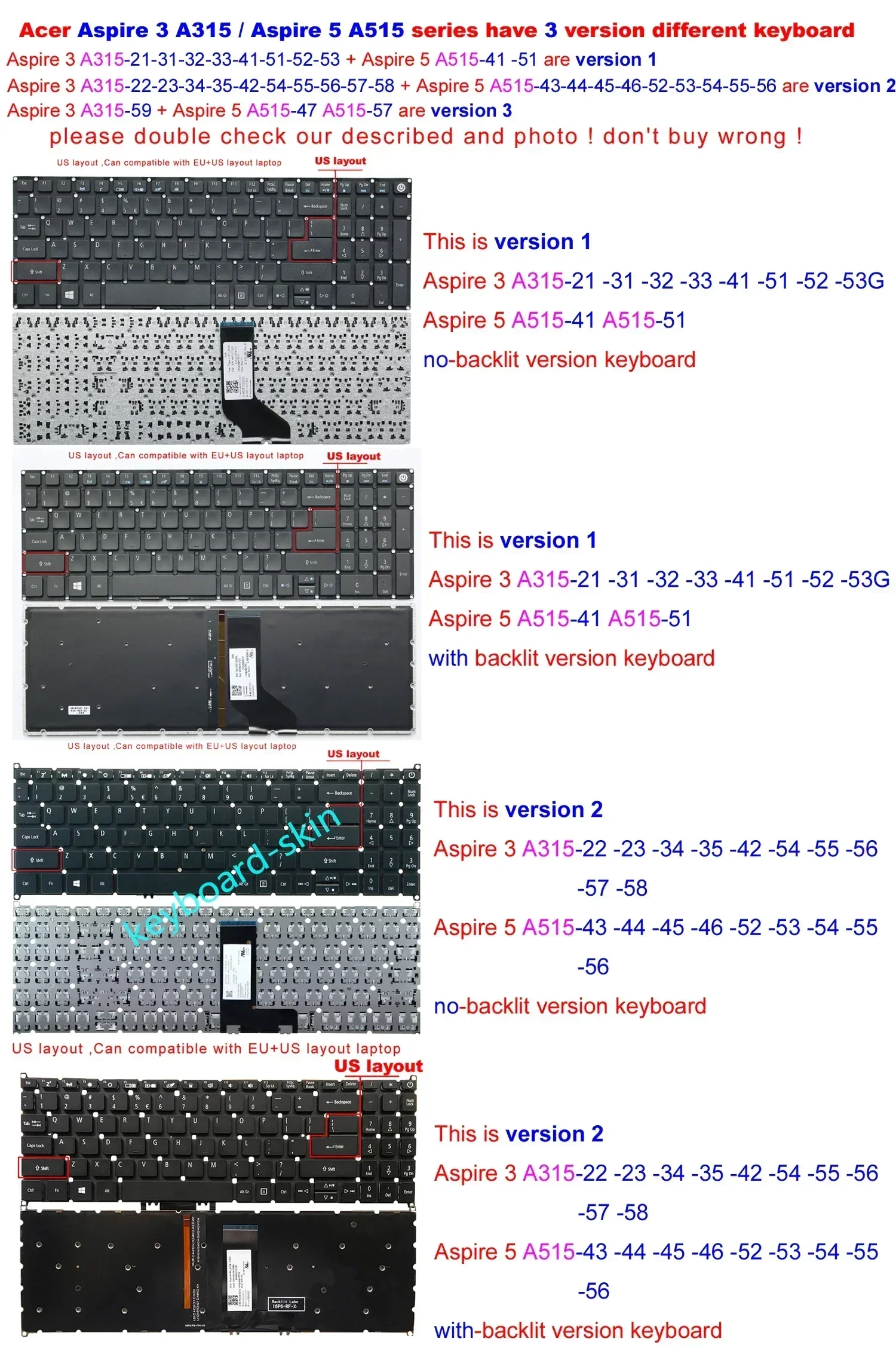 New US NO-backlit NO-frame Keyboard For Acer Aspire 5 A515-43,A515-43G,A515-52,A515-52G,A515-54,A515-55,A515-56 laptop