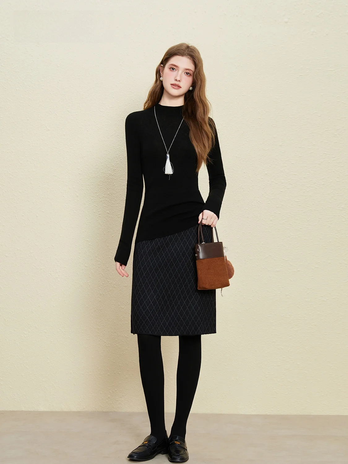 

Slimming Plaid Knitted Skirt Set Bla Wool Top Bot Two-Piece Set Winter Versatile Base Layer Clothing Women's Faion