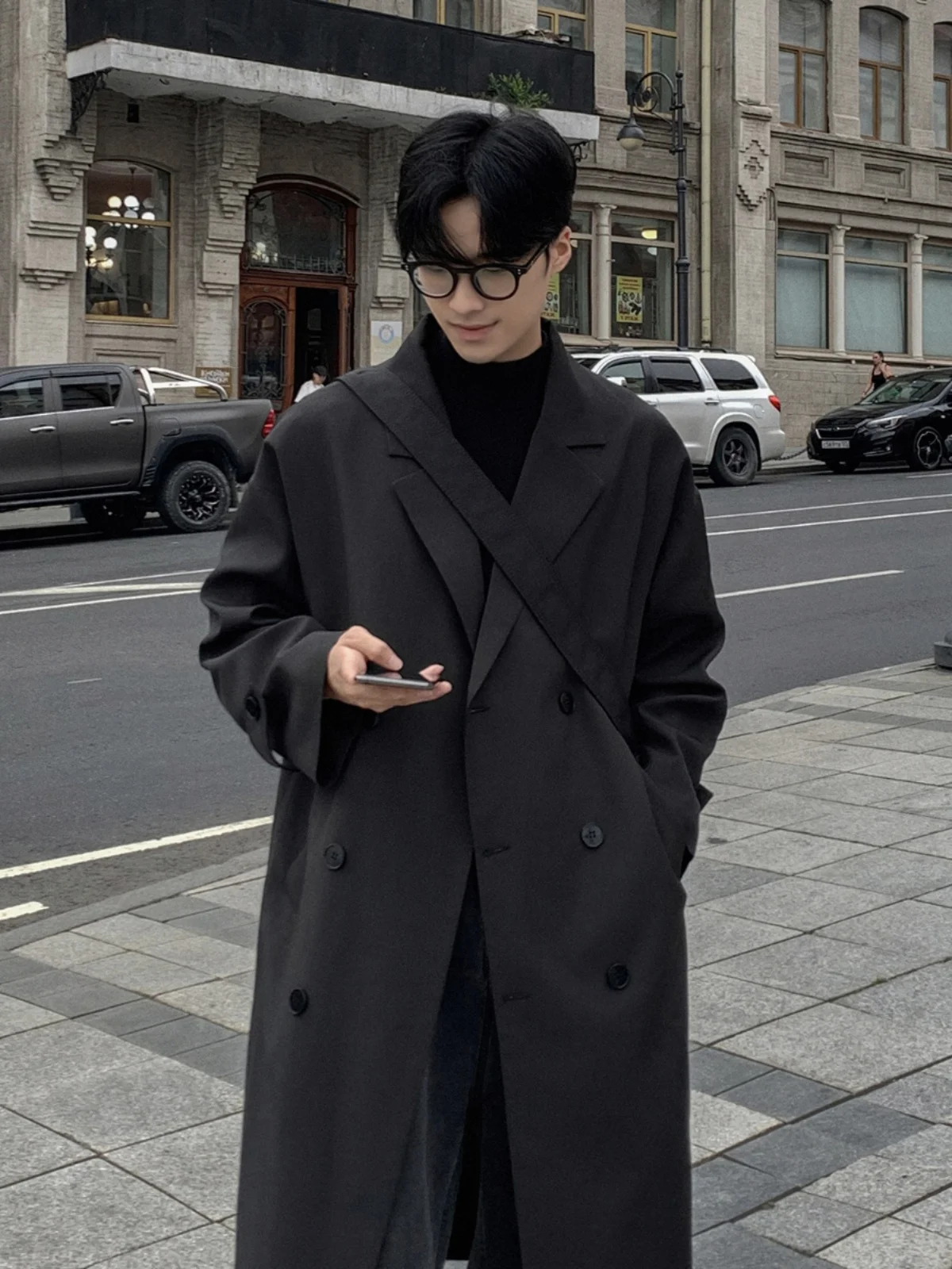 Black Double-Row Button Style Coat Men's Casual Autumn Long Coat Medium-Length British Style Civilian Coat Polyester Fabric