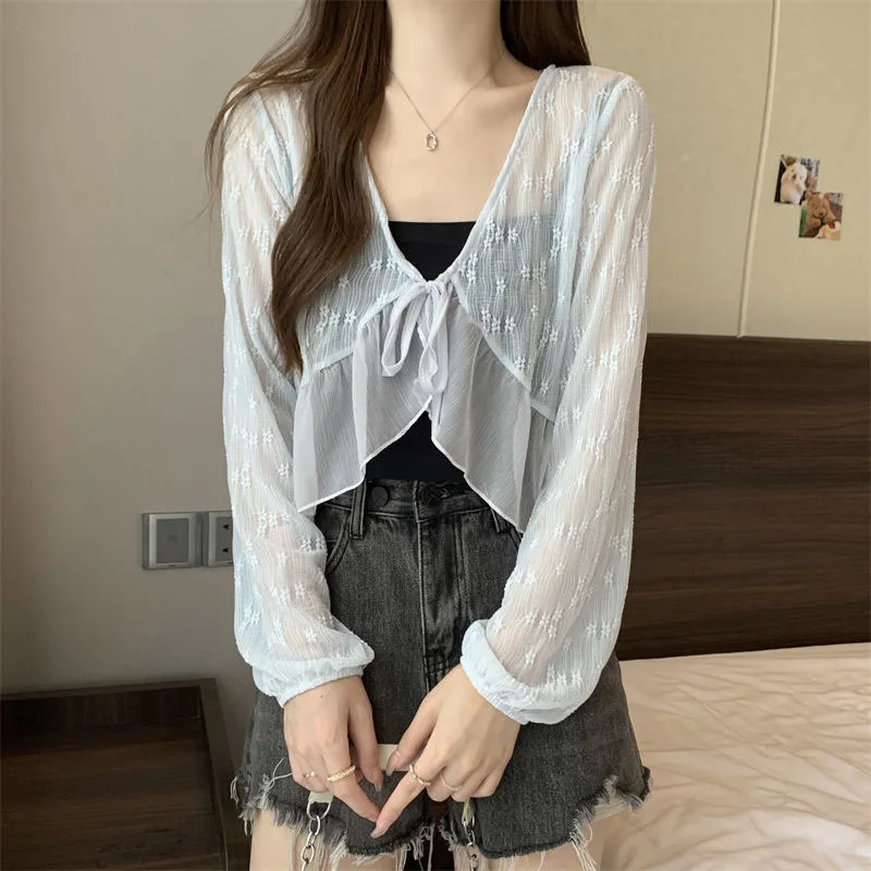 Sweet Ruffles Bandage Crop Tops Female Elegant V-Neck Lace Sun Protection Blouse Women Summer Long Sleeve Thin See Through Shirt