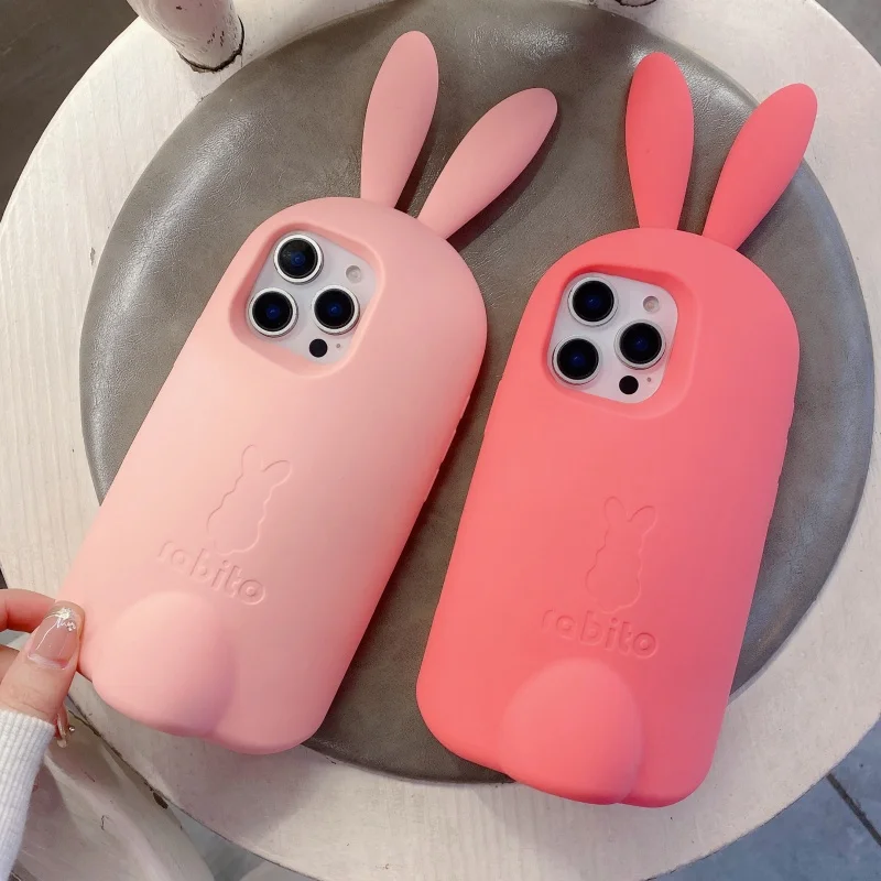 

Cute 3D solid Pink Miffy silicone Phone Case For iPhone 13 14 15 16 17 Pro Max Funny Cartoon long ears rabbit Miffy stand