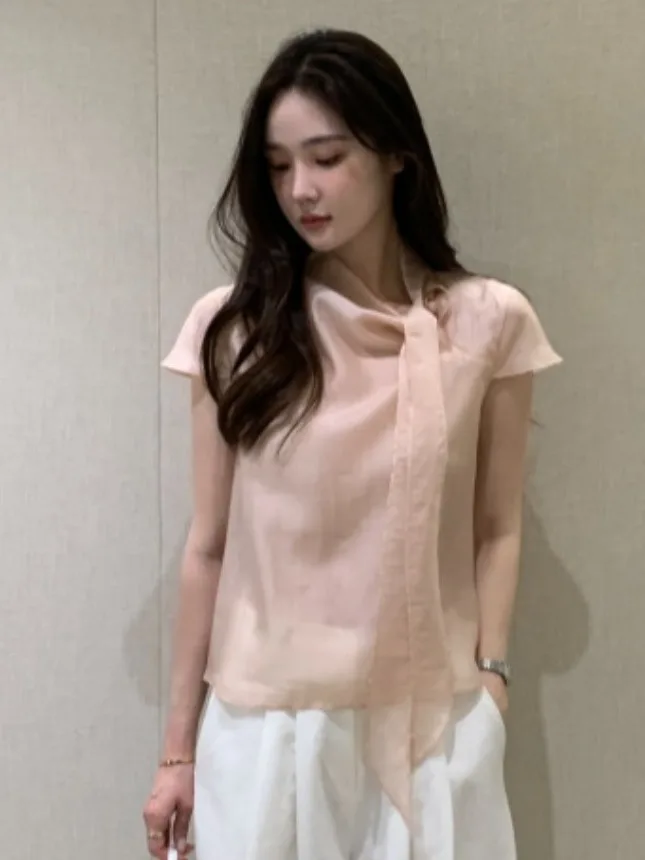 Sweet Chic Women's ort Sve irt Bow Tie  Knot Sli Summer New Arrival Small Capita Sle Knitted Sweater