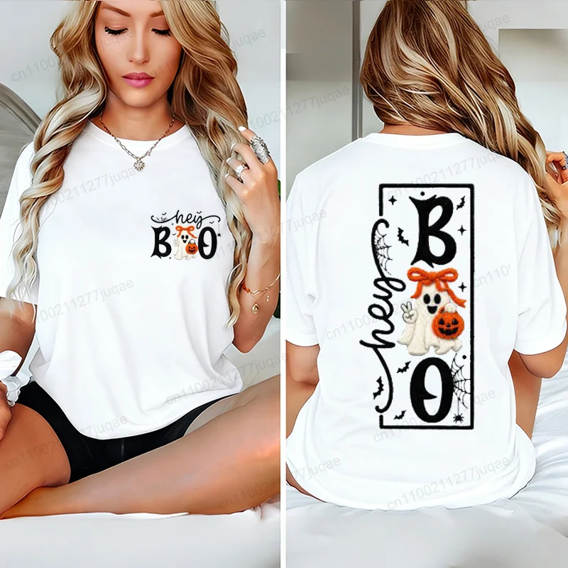 Women T-shirt Hip Hop Street Hey Boo Halloween Creative Graphics T-Shirts Short Sleeve Couple Wear Tops Spooky Season Clothing