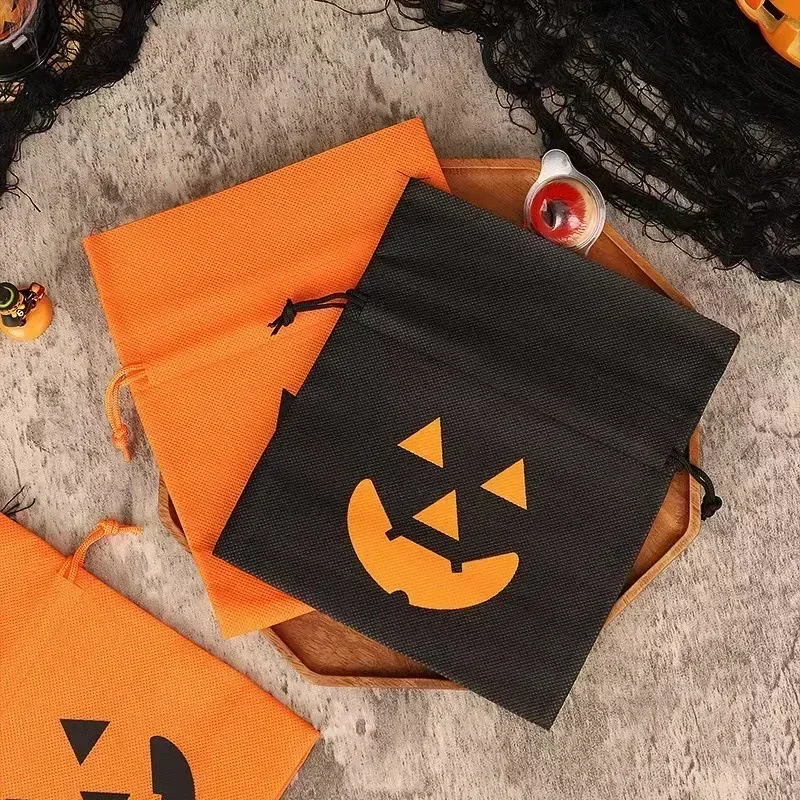 15/5PCS Halloween Pumpkin Candy Bag Non-woven Portable Biscuit Gift Bag Sugar Storage Pouch Halloween Party Supplies Kids Favors