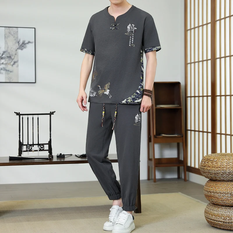 Shirts +pants 2026 summer Chinese style Sportswear Men's Casual Two-piece Sets Short-Sleeved T-shirt men casual printing shirts