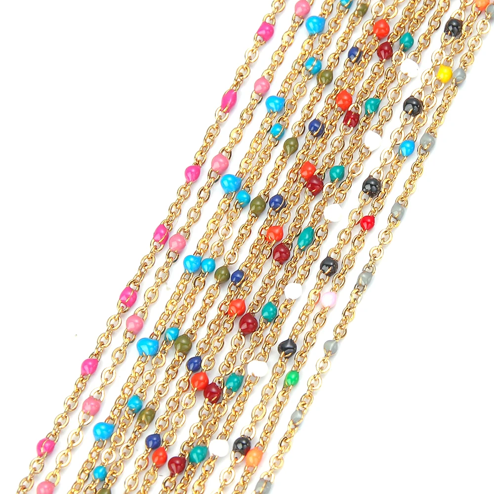 2meters Stainless Steel Beaded Chain Multicolor Enamel Drip Oil Chains Flat Cable Chain For DIY Jewelry Making Necklace Bracelet