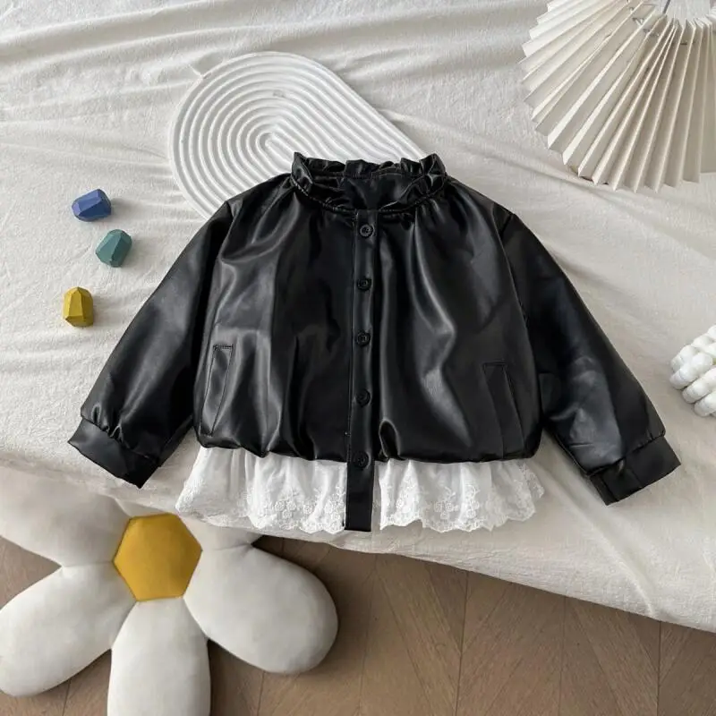 

New Model Children's Clothing Girl Coat Autumn Clothing Spring Baby Girl Forest Style Lace Splice Leather Jacket Birthday Gift