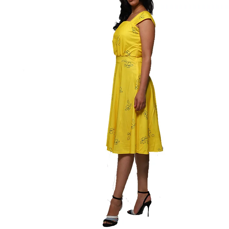 Wiosenno-letnia sukienka midi w kwiatowy wzór, damska, do pracy, elegancka, z kwadratowym dekoltem, pełna spódnica, duża, rozkloszowana.