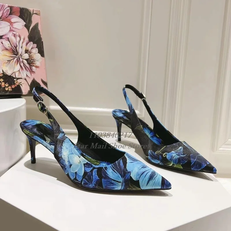 Flower Print Unique Design Women Sandals Sexy Slingback Back Strap Stiletto Sandal Pointed Toe Shallow Mouth Mixed Colors Sandal