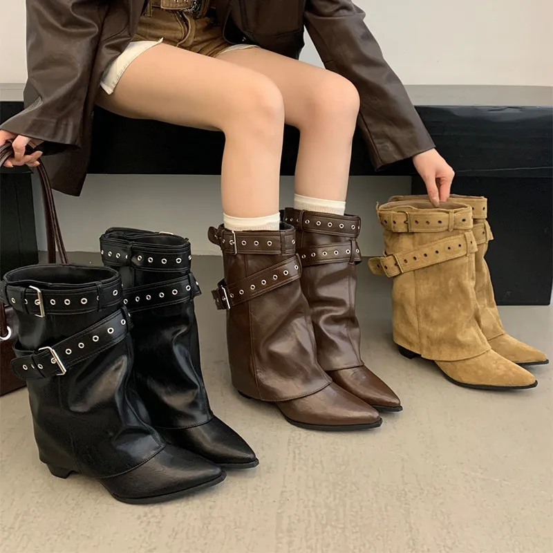 

New Fashion Women Fall/Winter Pointed Toe Metal Belt Buckle Fashion Booties Women Casual Block Heel Trouser Leave Boots