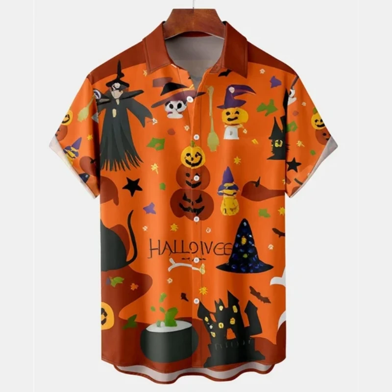 Halloween Men's Shirts Pumpkin Head Graphic Tops Lapel Button-Down Shirt Printed Short-Sleeved Party Holiday Oversized Men Shirt