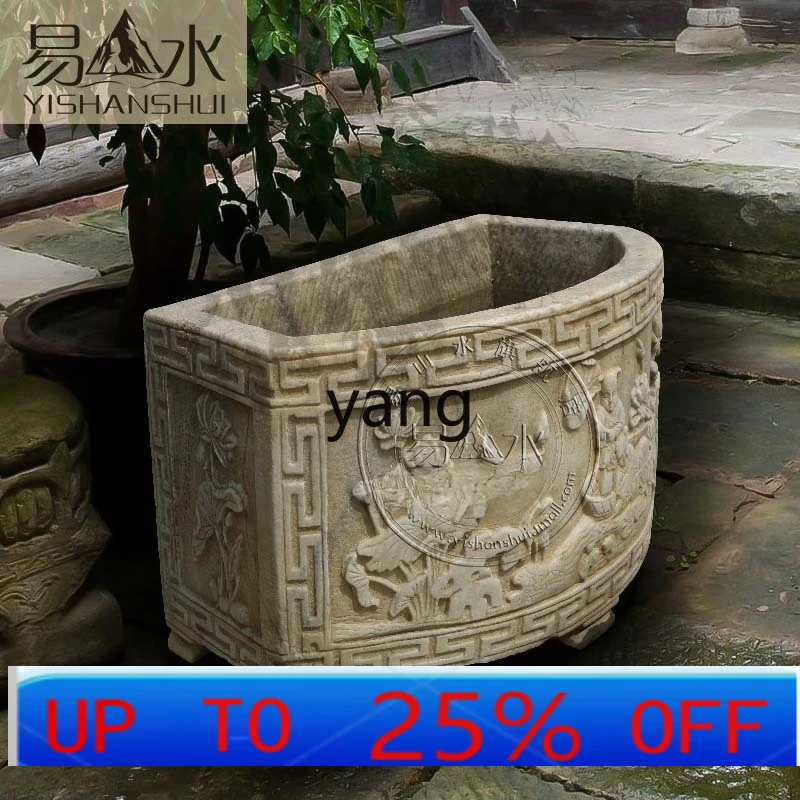 

Lmm Fish Tank Chinese Style Carved Stone Basin Courtyard Fish and Flower Half Round Tank Home Decor