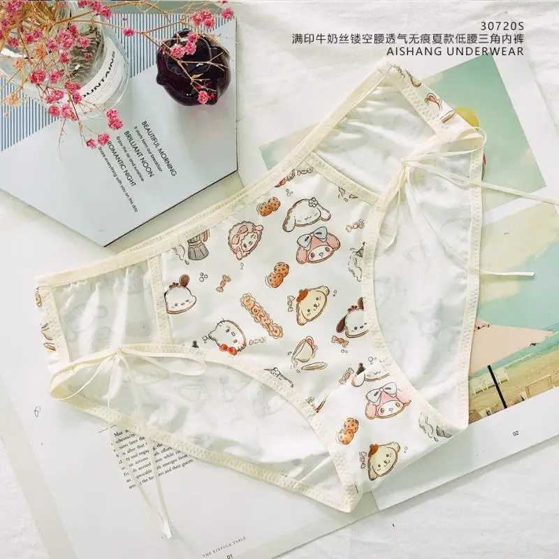 3Pcs Sanrio Girl Cow Milk Silk Sexy Triangle Pants Kawaii Hello Kitty Comic Ventilation Lift Buttocks Antibacterial Underpants