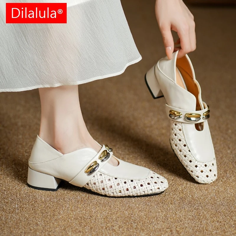 

Dilalula 2026 Fashion Real Leather Braided Pumps For Women Square Toe Metal Dec Breathable Loafers Female Mid Heels Shoes Autumn