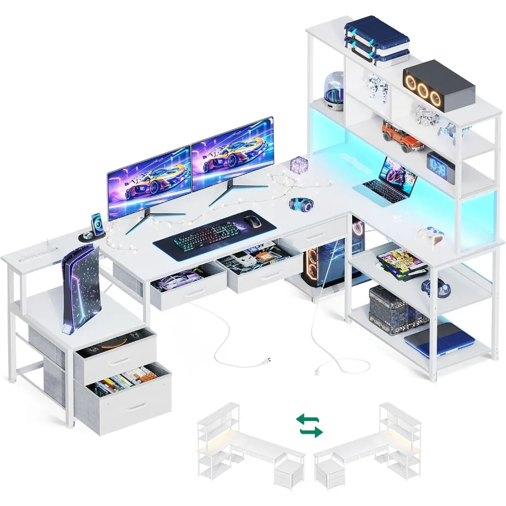 مكتب على شكل حرف L مقاس 79 بوصة مع أدراج ملفات، مكتب ألعاب على شكل حرف L قابل للعكس مع منافذ طاقة وأضواء LED، مكتب كمبيوتر مع St