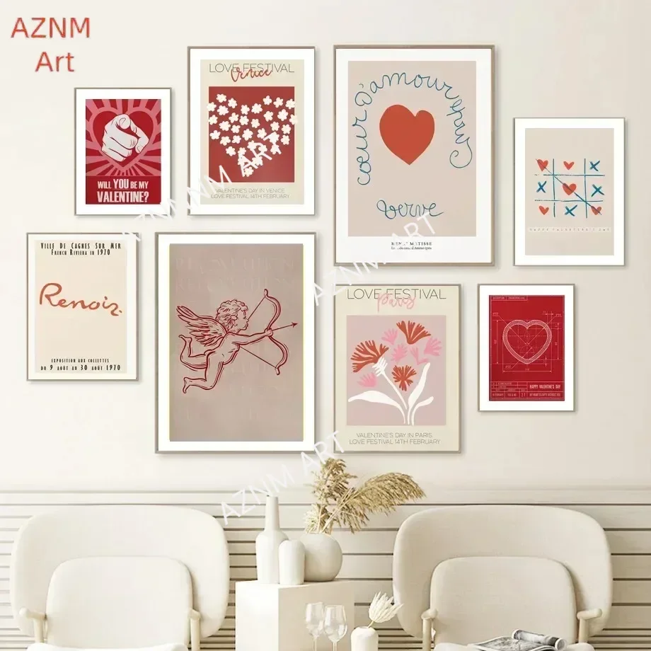 Simple Valentine Cupid Romantic Love Heart Wall Art Posters Minimalist Print Canvas Painting for Living Room Modern Home Decor