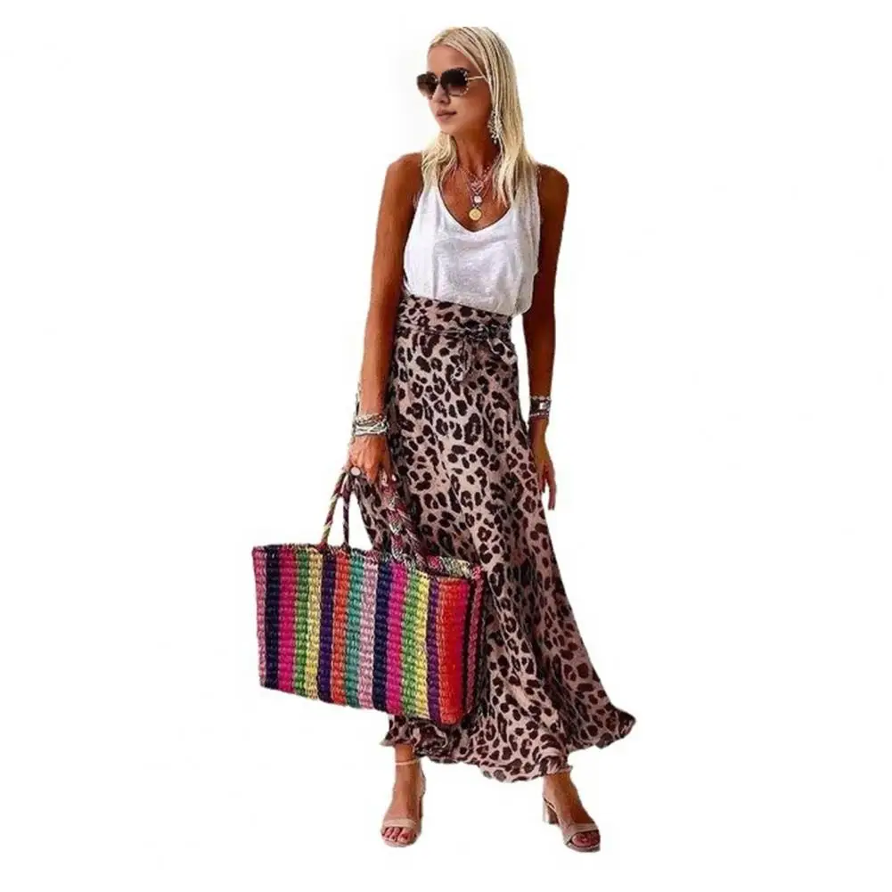 

Leopard Print Large Hem Skirt Leopard Print Maxi Skirt High-waist Flowy Hem with Belt Chic Commuting Style for Women