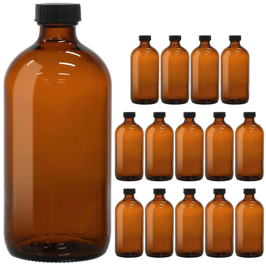 

Набор из 16 унций янтарных стеклянных бутылок Boston Round с фенольными поликонусными крышками, герметичные, непротекаемые, коричневые стеклянные контейнеры для комбучи