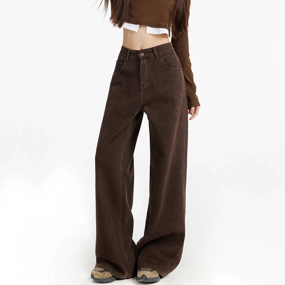 Jean marron taille haute à jambes larges pour femme, coupe ample, coupe droite, longueur cheville, pantalon automne hiver, taille haute, pour les déplacements