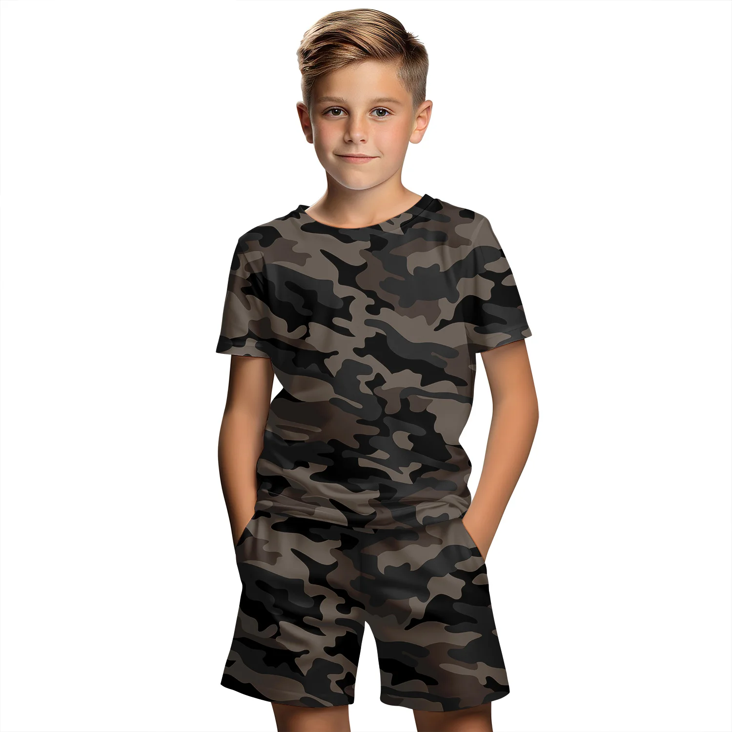 Camouflage Clothing Summer Breathable Children\'s Short Sleeved T-Shirt Set Shorts 3d Cartoon Print Boy Clothing Girl Toddlerbaby