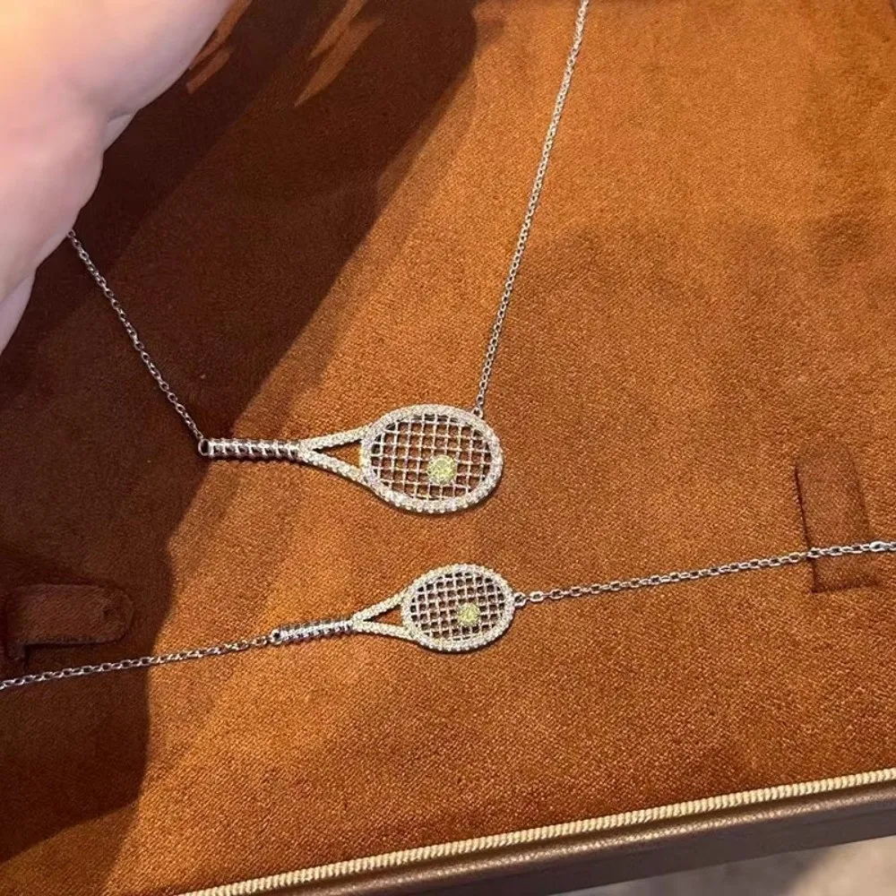 Silver Tennis Racket Pendant Necklace with Cubic Zirconia
