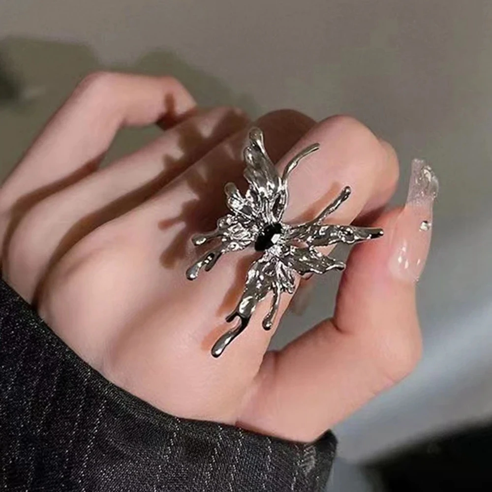 Trendy Punk Irregular Butterfly Rings For Women Metal Liquid Dissolved Aesthetic Egirl Gothic Insect Open Rings Jewelry