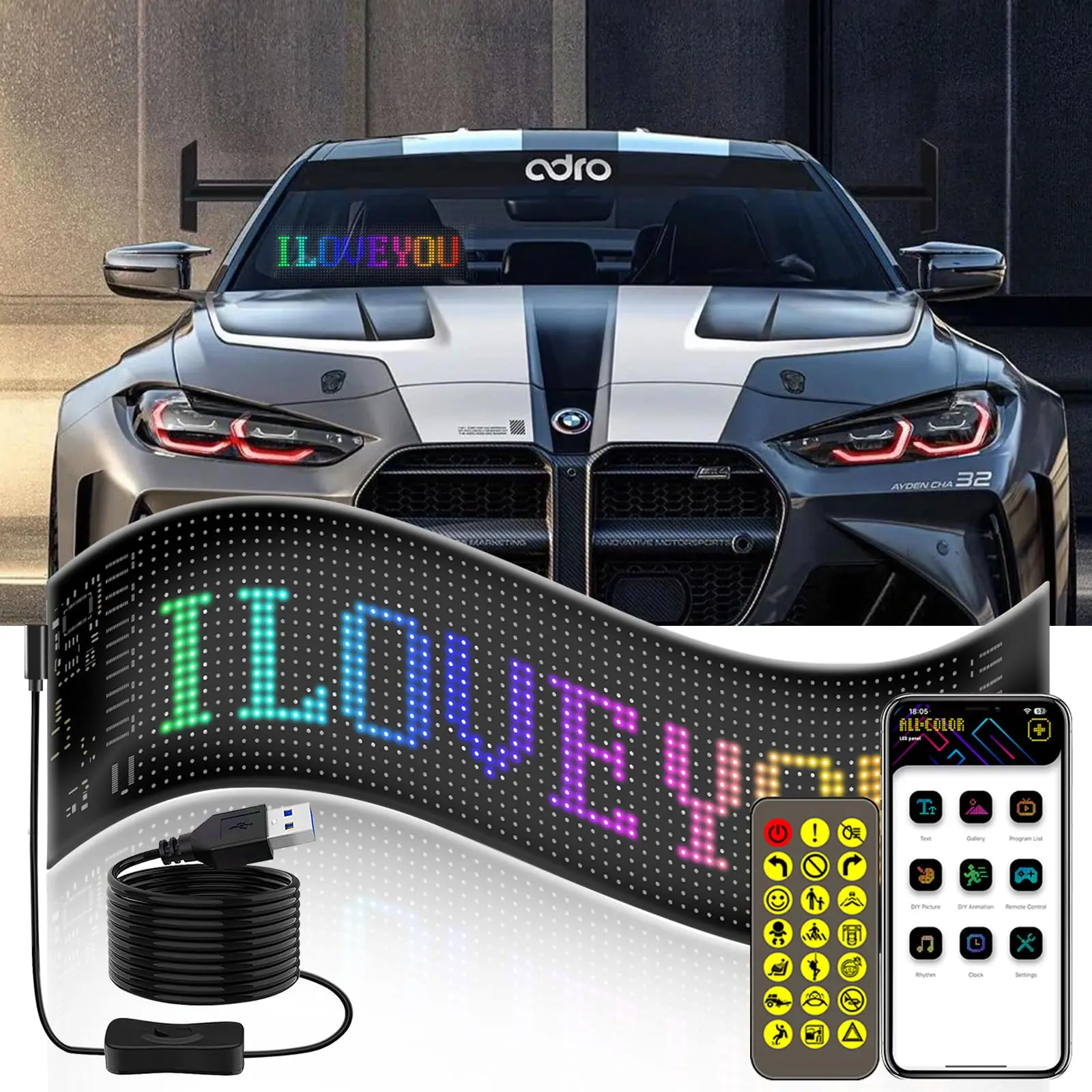 

LED Sign for Car 15"x4" Flexible LED Matrix Panel DIY Programmable Scrolling Display USB 5V Bluetooth Control for Party Festival