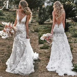 Gorgeous Mermaid Bride Gowns With Flowers Grace Tulle Sweep Train customized Wedding Dress Bridal Wedding Gown Vestidos De Novia