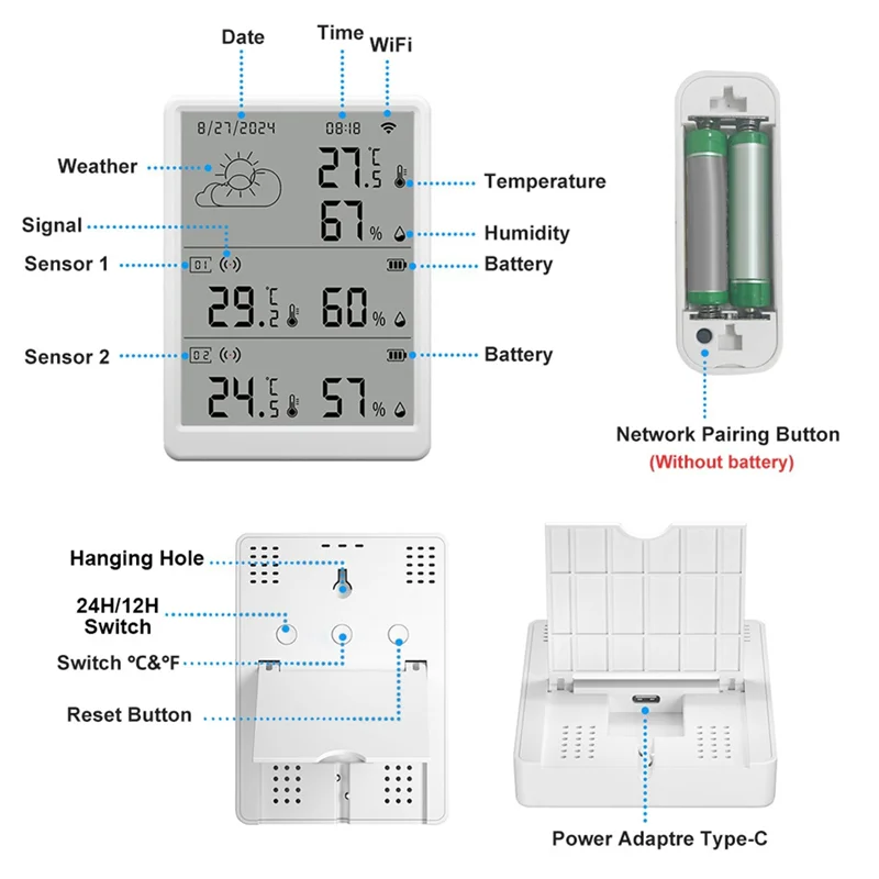 BNVN-Tuya Wifi+RF433 Temperature Humidity Sensor Weather Station Display Monitor Thermometer Hygrometer Support Voice Control