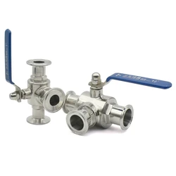 19/25/32/38/45/51mm SS304/316L Stainless Steel Sanitary Grade T-shaped Three-way Ball Valve, T/L Port Ring Type OD50.5/64mm