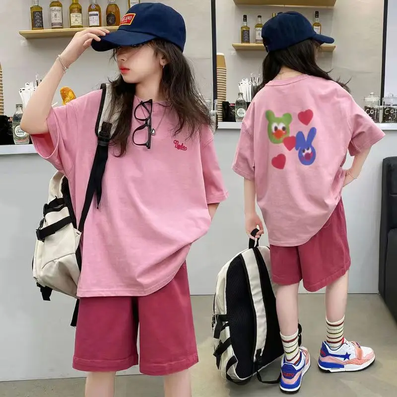 Summer Girls Cotton Alphabet Prints T-Shirt Tops+Plain Shorts Pant Workout Sets School Kids 2PCS Tracksuit Child Outfits