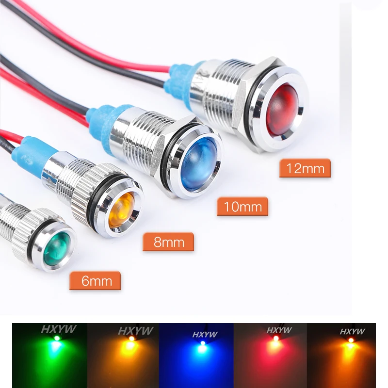 Luz indicadora de advertencia LED de Metal, lámpara de señal impermeable IP67, interruptor de cables piloto, 6V, 12V, 24V, 220V, rojo y azul, 6mm,