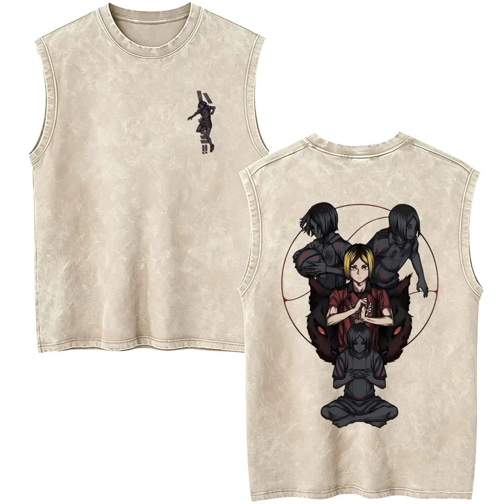 Anime Haikyuu Kozume Kenma Vintage Washed Tank Tops Men Women Cartoon Manga T Shirts Male Summer Cotton Sleeveless Vest T-shirt
